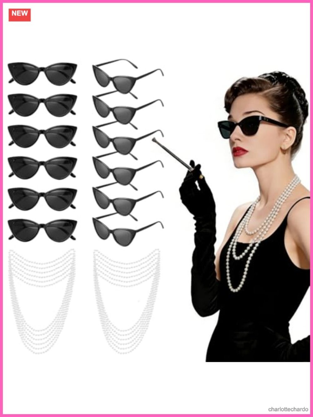 24 Pc Pearl Costume Set Cat Eye Sunglasses Necklaces Party